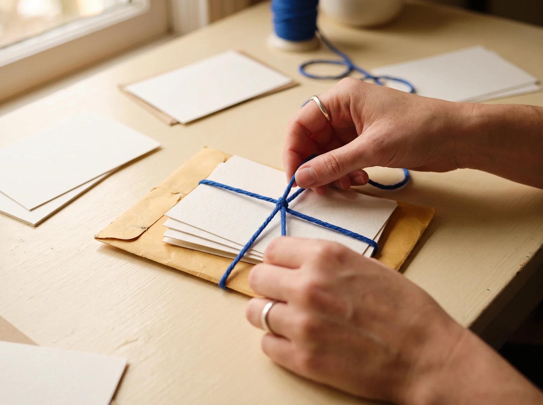 Hands tying a career dossier